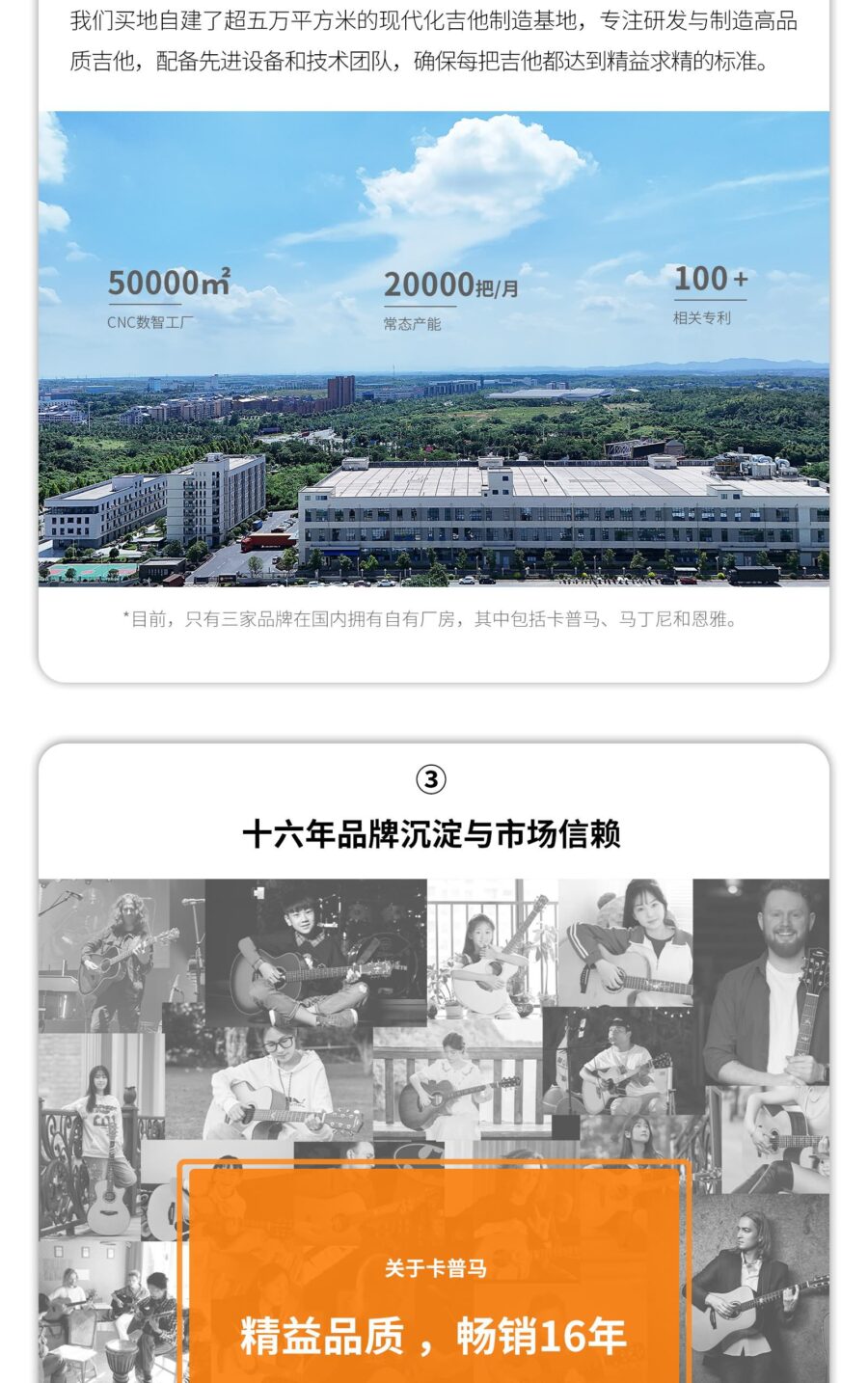 我们买地自建了超五万平方米的现代化吉他制造基地,专注研发与制造高品质吉他,配备先进设备和技术团队,确保每把吉他都达到精益求精的标准。 50000mCNC数智工厂 100+20000把/月相关专利常态产能 *目前,只有三家品牌在国内拥有自有厂房,其中包括卡普马、马丁尼和恩雅。 5十六年品牌沉淀与市场信赖 关于卡普马 精益品质,畅销16年