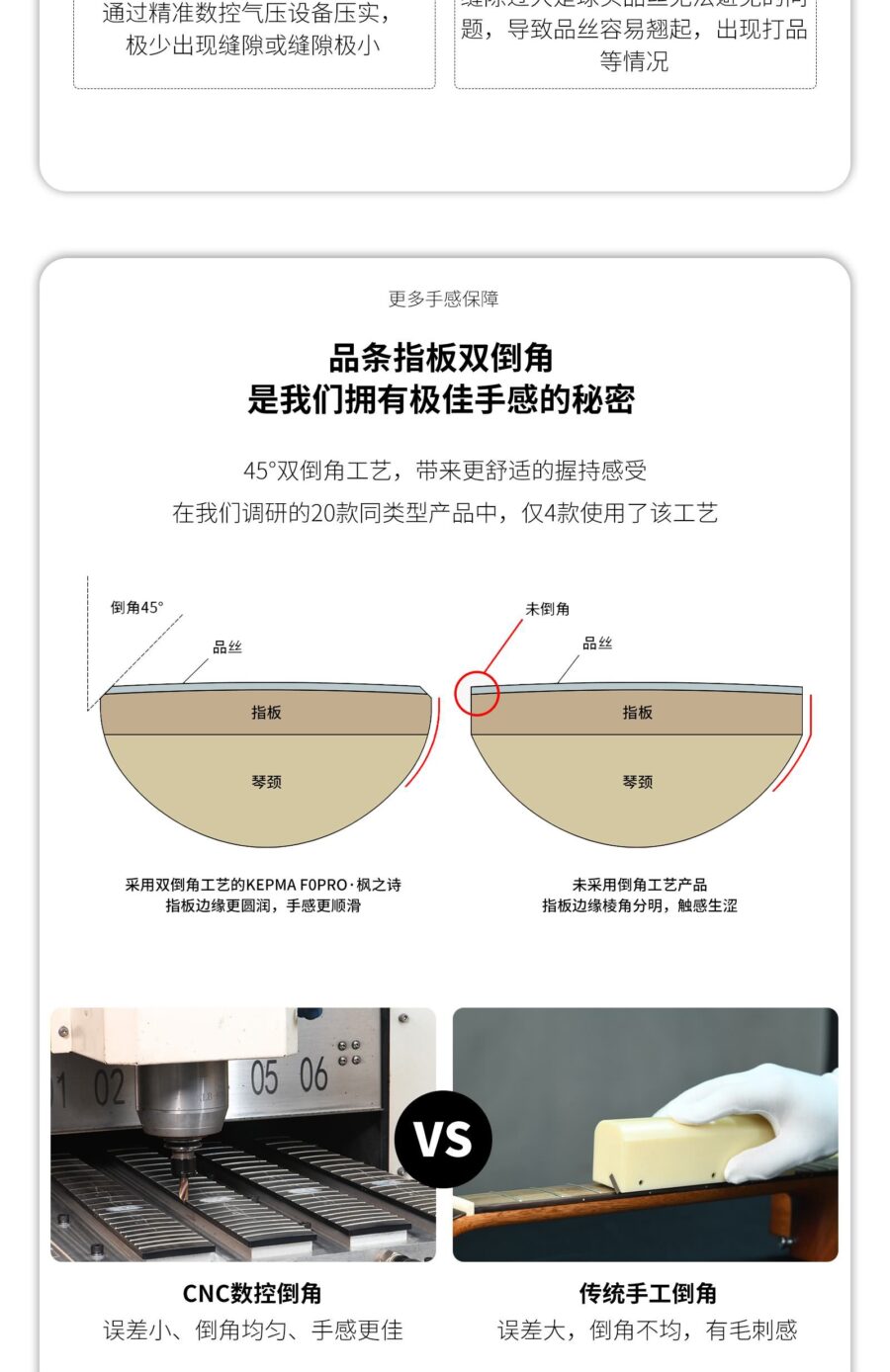 通过精准数控气压设备压实, 极少出现缝隙或缝隙极小 题,导致品丝容易翘起,出现打品 等情况 更多手感保障 品条指板双倒角是我们拥有极佳手感的秘密 45°双倒角工艺,带来更舒适的握持感受在我们调研的20款同类型产品中,仅4款使用了该工艺 倒角45° 品丝 指板 琴颈 采用双倒角工艺的KEPMAFOPRO·枫之诗指板边缘更圆润,手感更顺滑 未倒角 品丝 指板 琴颈 未采用倒角工艺产品指板边缘棱角分明,触感生涩 的 题 CNC数控倒角 误差小、倒角均匀、手感更佳 传统手工倒角 误差大,倒角不均,有毛刺感