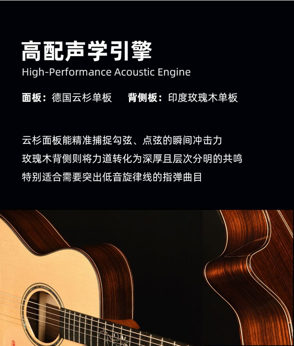高配声学引擎 面板 德国云杉单板 背侧板 印度玫瑰木单板 云杉面板能精准捕捉勾弦、点弦的瞬间冲击力 玫瑰木背侧则将力道转化为深厚且层次分明的共鸣 特别适合需要突出旋律线的指弹曲目