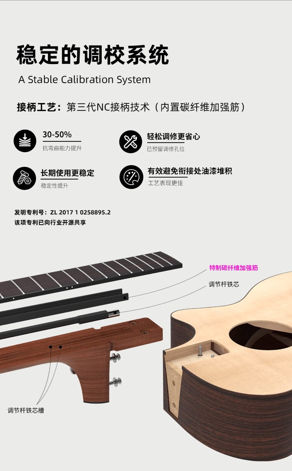 稳定的调教系统 接柄工艺：第三代nc接柄技术（内置碳纤维加强筋） 发明专利 已向行业开源共享